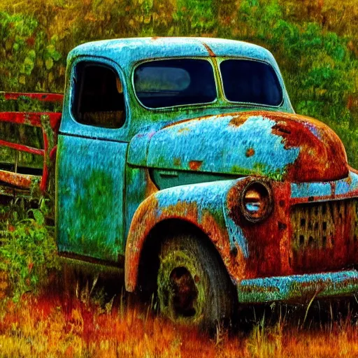 Prompt: impressionist painting of an old rusty pickup truck overrun by kudzu