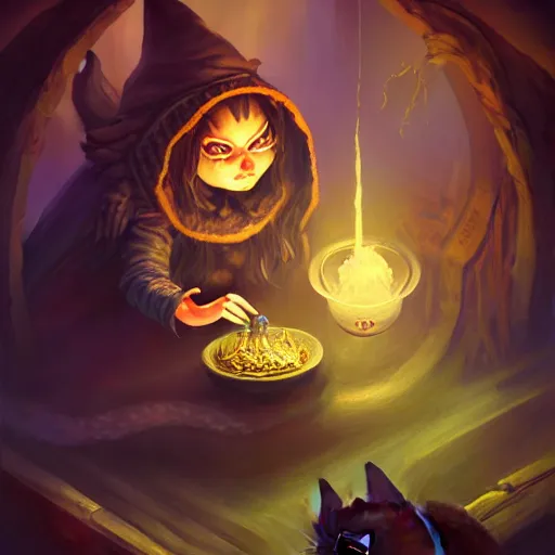Image similar to Oil Painting of Cat Witch, Anthropomorphized, evil, brewing potion in witch Hut, magic the gathering artwork, horror, D&D, fantasy, cinematic lighting, centered, symmetrical, highly detailed, digital painting, artstation, concept art, smooth, sharp focus, illustration, volumetric lighting, epic Composition, 8k, art by Akihiko Yoshida and Greg Rutkowski and Craig Mullins, oil painting, cgsociety