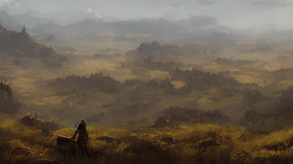 Prompt: panorama view of hills, papyrus, watercolored, jakub rozalski, dark colours, dieselpunk, artstation