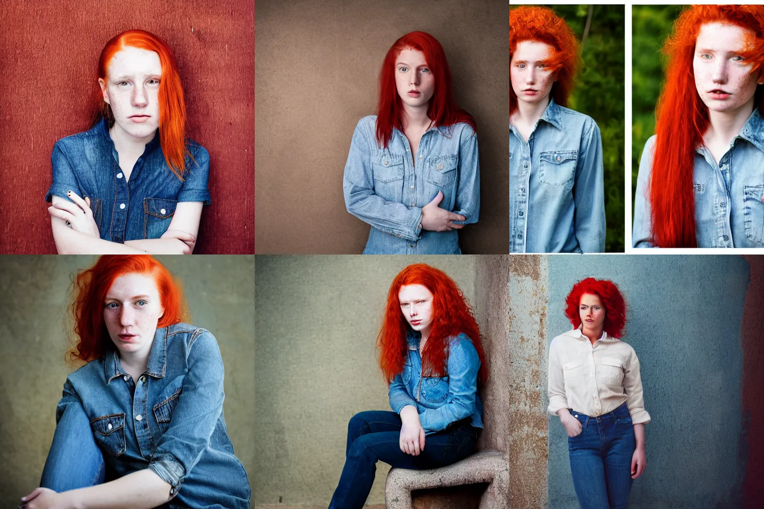 Prompt: Photograph of a 20 year old woman in jeans and a shirt in the style of Annie Leibovitz, red hair, freckles