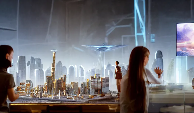 Image similar to group of people in simple white museum, looking at hologram of futuristic city on a table, cinematic concept art, godrays, golden hour, natural sunlight, 4 k, clear details, tabletop model buildings, center model buildings, hologram center, crane shot, crane shot, crane shot