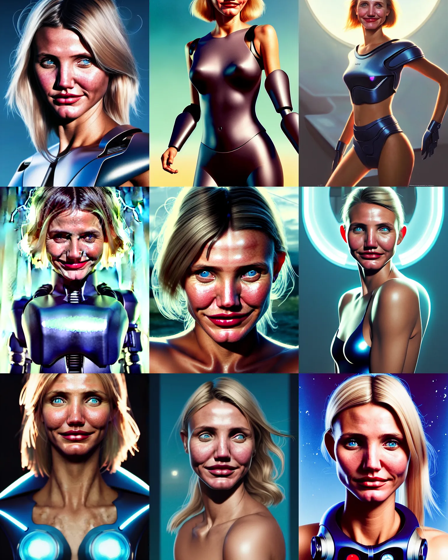 Prompt: a magazine cover portrait photo of young cameron diaz : : college woman : : as future samsung cyborg woman on a lush alien world by weta : : by greg rutkowski, wlop, rossdraws, artgerm, pixar, disney, unreal engine, glossy skin, pearlescent, shiny, 4 k, hdr, bright morning, : :