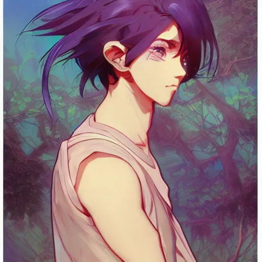 Prompt: small boy with back hair and blue purple eye, school uniform, anime style, hyper detailed, illustration, digital painting, art by artgerm and greg rutkowski and alphonse mucha, high delicate defined details, anime stylized, highly detailed