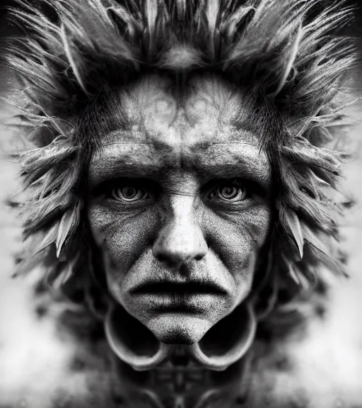 Prompt: Award winning Editorial photograph of Early-medieval Scandinavian Folk monsters with incredible hair and beautiful hyper-detailed eyes by Lee Jeffries, 85mm ND 4, perfect lighting, gelatin silver process