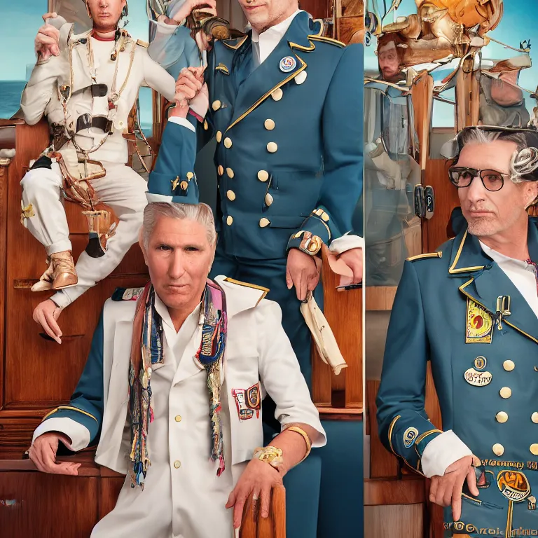 Image similar to high fashion photoshoot octane render portrait by wayne barlow and carlo crivelli and glenn fabry, a distinguished sea captain wearing a wes anderson designed uniform and a small monkey in a sailor costume inside a high - end exotic colorful pastel vintage boutique nautical hotel lounge, very short depth of field, bokeh