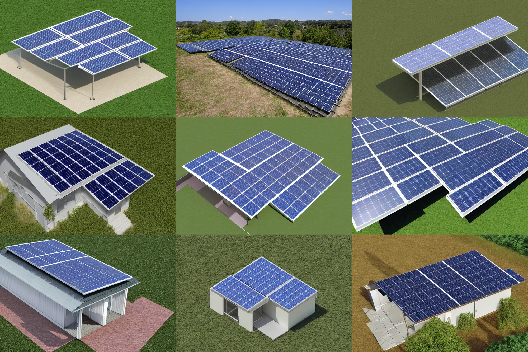 Prompt: Shed roof, covered with 3 rows and 3 columns of solar modules, symmetric alignment of the modules, isometric view