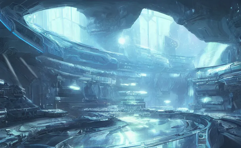 Image similar to futuristic factory in a dark cave, blue crystals, halo, star craft, concept art, mate painting, artstation