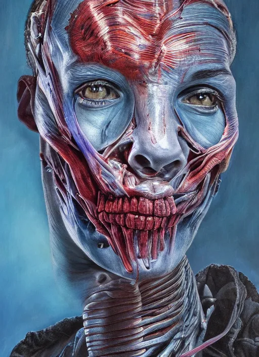 Prompt: highly detailed and textured painting of a deformed anatomical portrait, emotional, dark sky, horror, hauntingly surreal dystopian, emotionally expressive, highly detailed oil painting, soft light 4 k, red, blue and purple colour palette, cinematic composition, cinematic lighting, masterpiece by ernie barnes and jenny saville