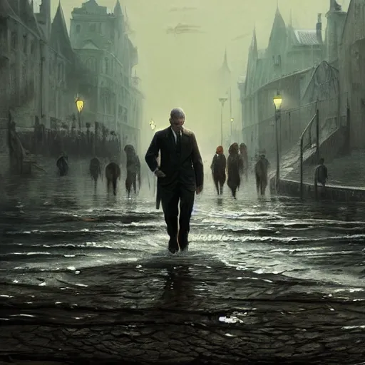 Image similar to shadow over innsmouth, people walking out of water, painted by seb mckinnon, high detail, dramatic light, digital art, painted by greg rutkowski, promotional movie posterart, trending on artstation
