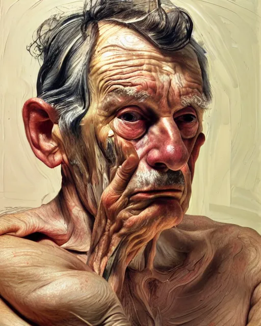 Image similar to a head and shoulders portrait a very ordinary old man with an sad expression, side angle, by Lucian Freud and Jenny Saville, oil painting, anatomically correct, beautiful perfect face, visible brushstrokes, sharp focus, Highly Detailed, Cinematic Lighting, 8k, HD
