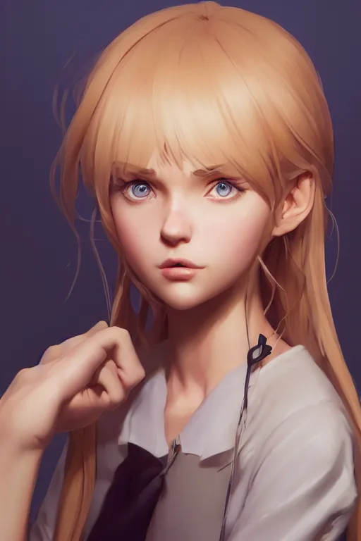 Image similar to complicated dynamic composition, by Loish,ilya kuvshinov,krenz cushart ,Greg Rutkowski, trending on artstation. Zbrush sculpt colored, Octane render in Maya and Houdini VFX,realistic close-up face of cute young blonde girl, deep blue eyes, Amazing textured brush strokes, studio lighting.