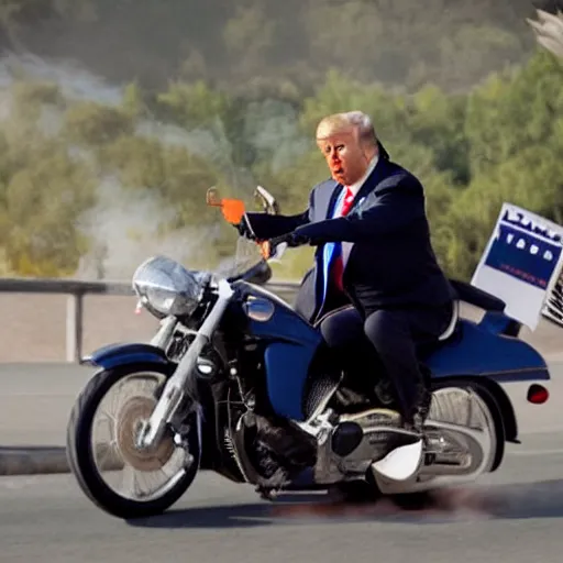 Prompt: Donald Trump on a motorcycle, without wearing a helmet, with fire coming out of the exhaust, cinematic lighting