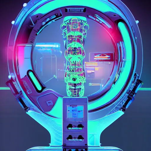 Prompt: a graphic poster of futuristic robotic neoclassical computer case cybernetic symbiosis thick bifurcated robotic cnc surgical hybrid mri 3 d printer machine making a bio chemical lab, sci - fi, highly detailed, vibrant colors, digital painting, artstation, concept art, smooth, sharp focus, illustration, art by magdiel lopez