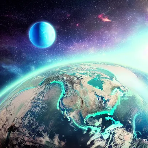 Image similar to earth in space digital art synthwave detailed sharp focus synthwave art aesthetic octane render raw cinematic trending on artstation, highly detailed