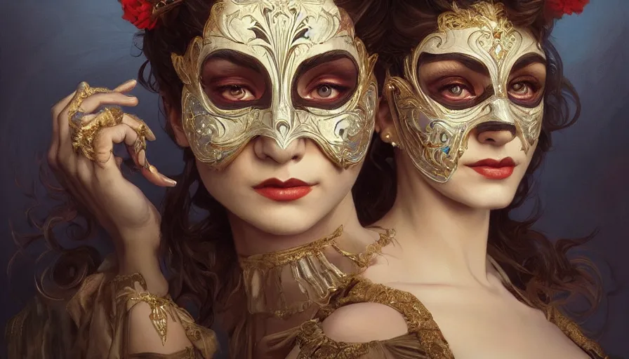 Prompt: masked, perfectly-centered-Portrait of the most beautiful woman on the planet, evil, circus artist, intricate, highly detailed, digital painting, artstation, concept art, smooth, sharp focus, illustration, Unreal Engine 5, 8K, art by artgerm and greg rutkowski and alphonse mucha