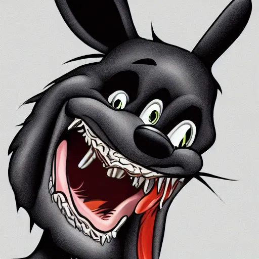 Image similar to A extremely highly detailed majestic hi-res beautiful, highly detailed head and shoulders portrait of a scary terrifying, horrifying, creepy black cartoon rabbit evil laughing standing up wearing pants and a shirt in the style of Walt Disney