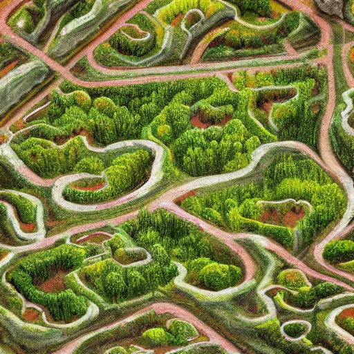 Image similar to bush labyrinth, dron view, oleo painting, higly detailed, 8 k, photorealistic, art concept, artstation, sharp focus