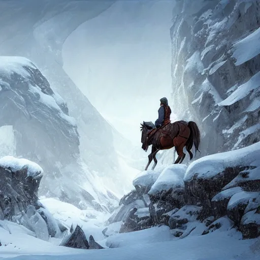 Prompt: Landscape of snowy mountains where we can perceive in the distance two riders on horses crossing the snow, snow storm, highly detailed, digital painting, artstation, concept art, illustration, art by Bayard Wu and Marc Simonetti and Diego Gisbert Llorens