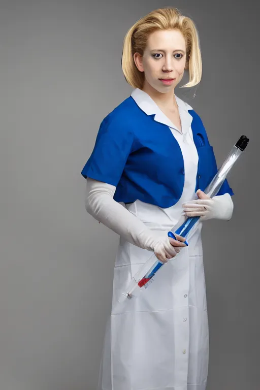 Image similar to elizabeth holmes as a psychopath nurse holding a giant syringe, cosplay, studio lighting