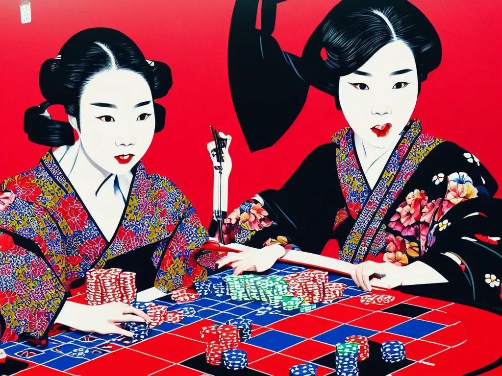 Image similar to hyperrealistic composition of the detailed woman in a japanese kimono sitting at a extremely detailed poker table with detailed darth vader, fireworks, mount fuji on the background, pop - art style, jacky tsai style, andy warhol style, acrylic on canvas