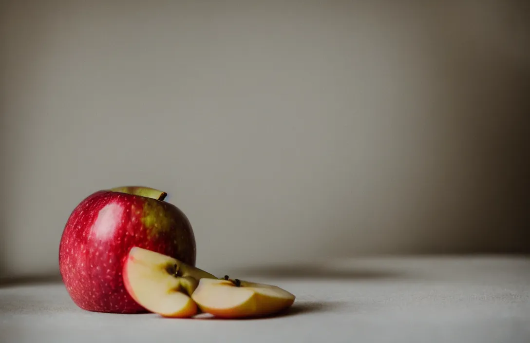 Prompt: an apple is sitting on the table of a 1 9 5 0 s era kitchen, sigma lens, strong bokeh, photography, highly detailed, 8 5 mm, f / 1. 3, dramatic lighting, 4 k