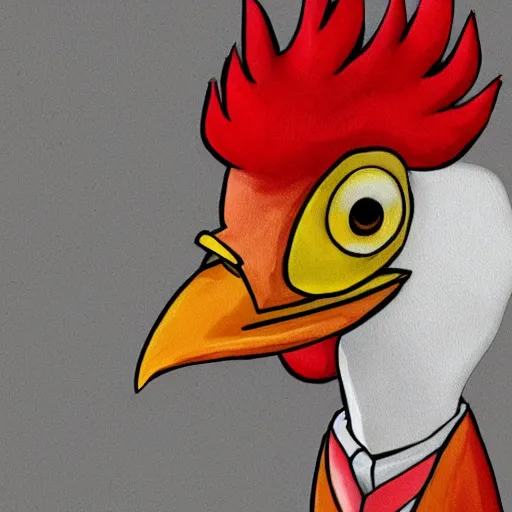 Image similar to a closeup shot of an antropomorphic chicken wearing a suit, photorealistic