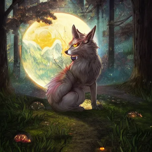 Prompt: Kitsune protecting a shrine in middle of the magic forest in the night with the protection of the full moon, fantasy colours, highly detail, HDR, concept art, Trending on Artstation