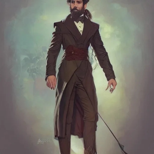 Prompt: Portrait of young wizard with short brown curling beard wearing formal clothing, waist high, intricate, wild, highly detailed, digital painting, artstation, concept art, smooth, sharp focus, illustration, art by artgerm and greg rutkowski and alphonse mucha