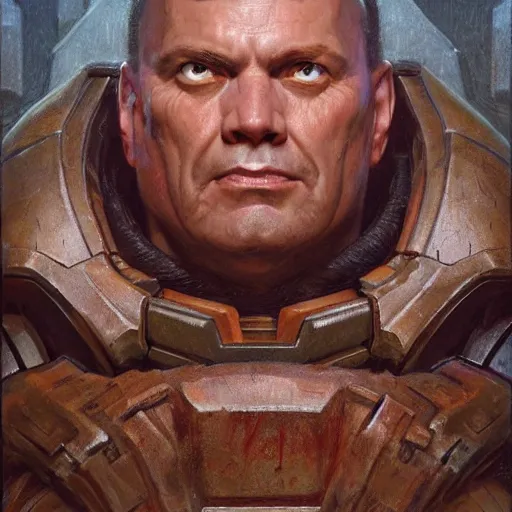 Image similar to the doomguy as a realistic d & d fantasy character, closeup portrait art by donato giancola and greg rutkowski, vintage retro, realistic face, digital art, trending on artstation, symmetry!!