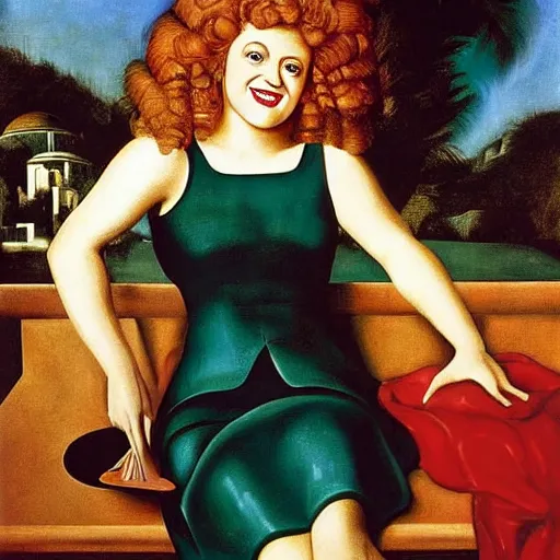 Image similar to very detailed and colorful portrait of bernadette peters smiling, painted by giorgio de chirico