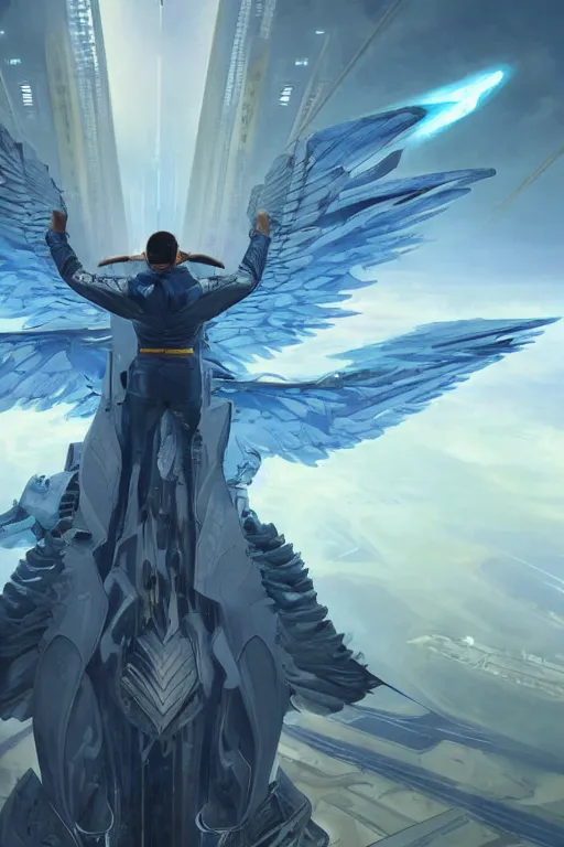 Prompt: a man from behind with wings of blue energy soaring in a futuristic paris, 4 k, shimmering color, cinematic light, hyper detailed, art by greg rutkowski and magali villeneuve and artgerm