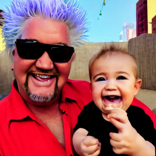 Prompt: stunning portrait photograph of baby with Guy Fieri’s head, 8K HDR hyperrealism