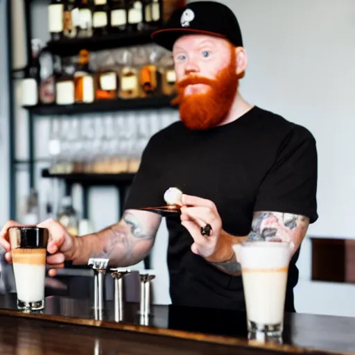 Prompt: a bartender with a red beard, wearing a black hat and black tshirt, pours a latte behind a cocktail bar