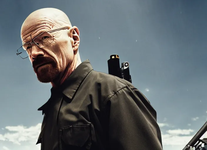 Image similar to film still of Walter White as Gordan Freeman wearing Black Mesa Jumpsuit in the Half Life Movie, 4k