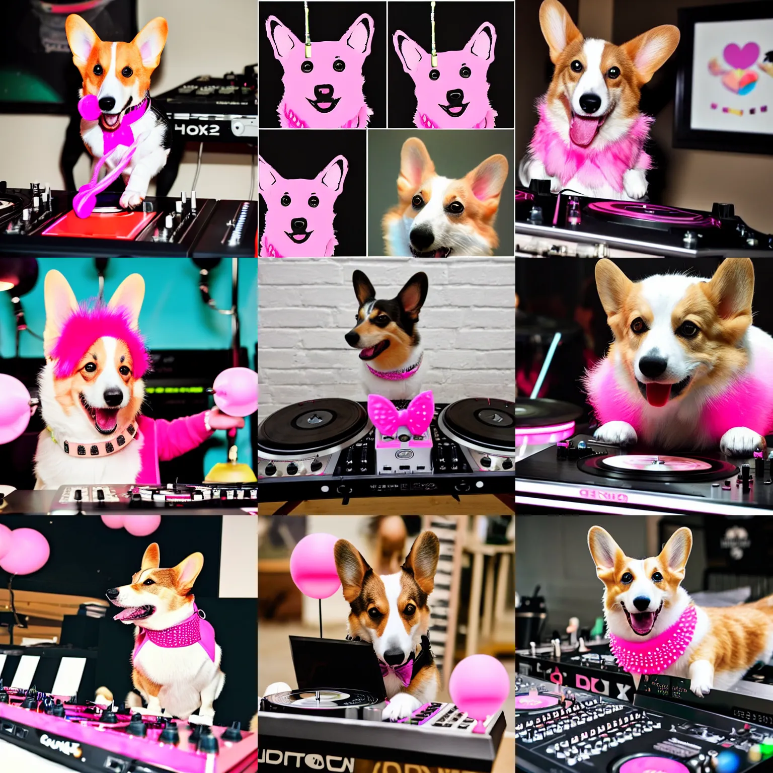 Prompt: corgi with a pink mohawk and studded collar DJing with DJ turntables