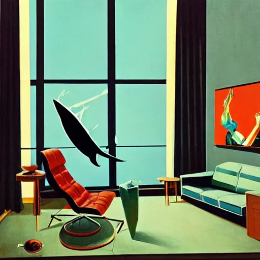 Prompt: A shark floating in a 1960s art deco living room, highly detailed, very coherent, painted by Francis Bacon and Edward Hopper, Wayne Barlowe, painted by James Gilleard, surrealism, airbrush, art by JamesJean