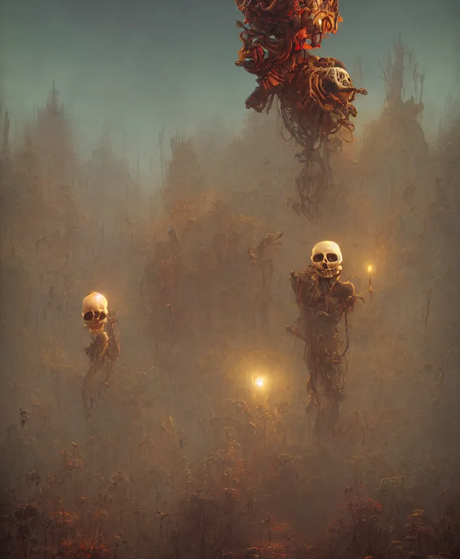Prompt: skull clown, afterlife, illustrated by Simon Stålenhag and Gaston Bussiere, 35mm lens, beautiful volumetric lighting style atmosphere, intricate, ultra detailed, photorealistic, trending on artstation 8k