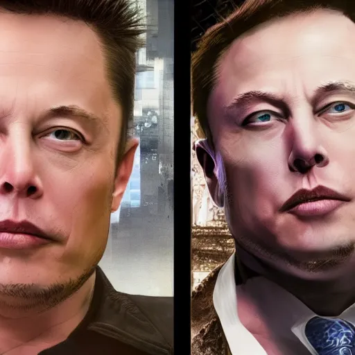 Image similar to elon musk in style of two - face harvey dent one side face has dragonskin fantasy sharp focus intricate elegant digital painting