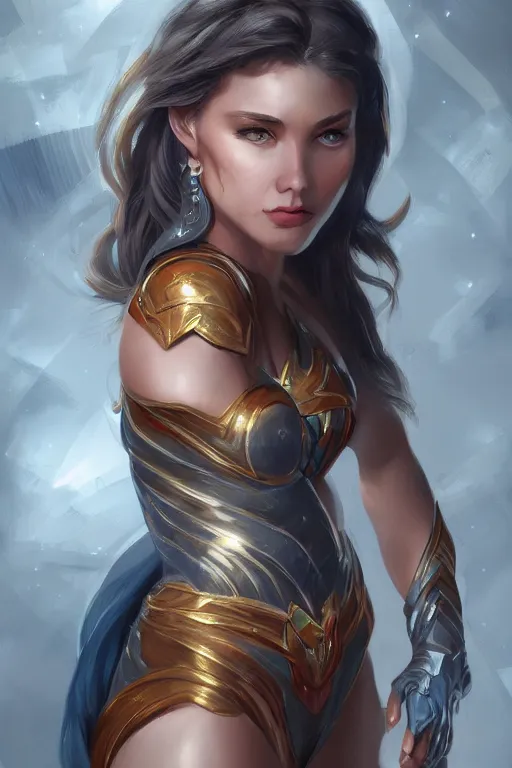 Image similar to three quarters portrait pose of a beautiful woman, strong body,super heroine costume,super powers, fantasy, intricate, elegant, highly detailed, digital painting, artstation, concept art,shining, sharp focus, illustration, art by Stanley Lau