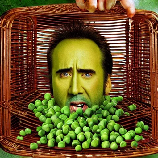 Image similar to nicolas cage trapped in a wicker cage with peas on his face, screaming, movie still, hdr