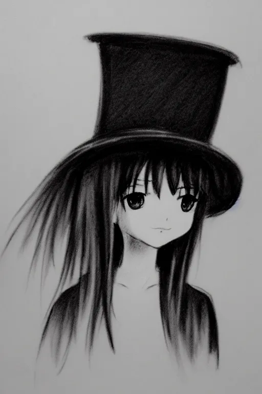 Prompt: cute loli in a tall black top hat, face profile, pencil sketch, gray scale, anime style