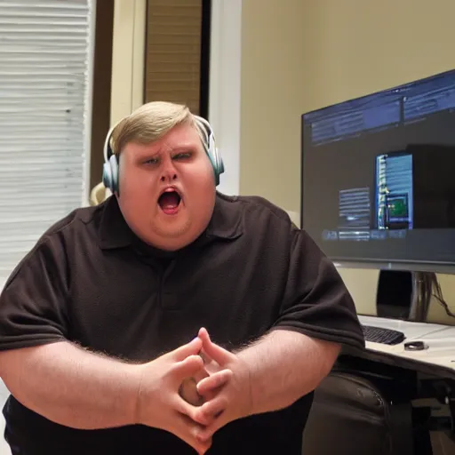 Image similar to obese Adam West wearing a headset yelling at his monitor while playing WoW highly detailed wide angle lens 10:9 aspect ration award winning photography