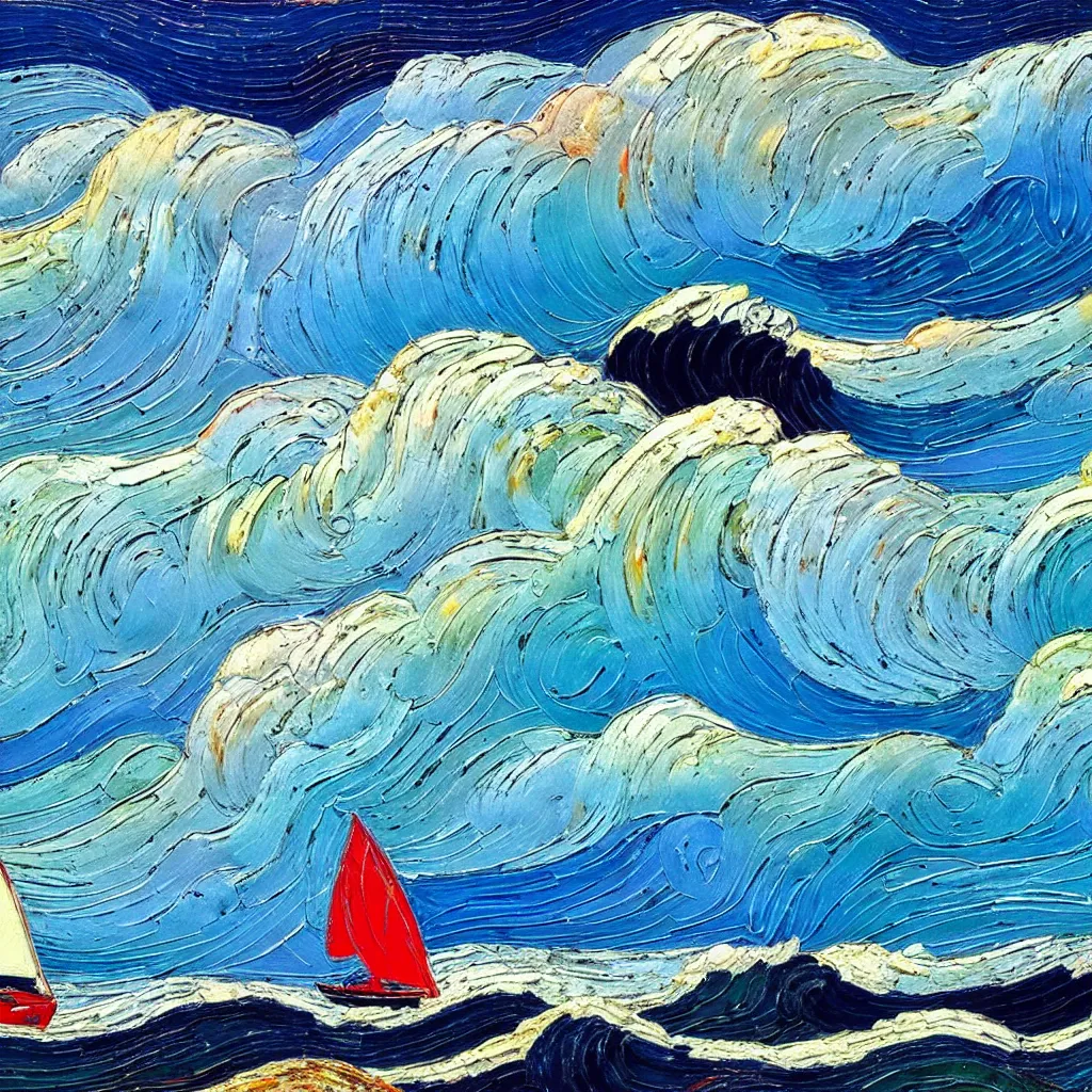 Image similar to Giant threatening beautiful Rolling waves, with a distant, red sailed yacht in the style of Jackson Pollack and painted in a style of painting similar to Van Gogh but more impasto and less hatching