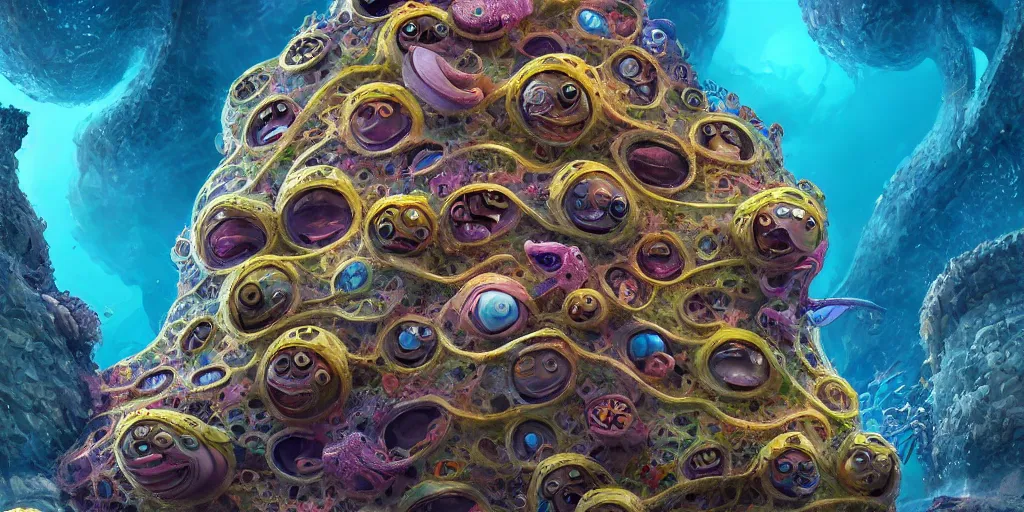 Image similar to of an intricate sea reef with strange cute friendly happy creatures with huge eyes, mouth, long tongue, round teeth and goofy face, appearing from the background, in the style of gehry and gaudi, macro lens, shallow depth of field, ultra detailed, digital painting, trending artstation, concept art, illustration, cinematic lighting, photorealism, epic, octane render