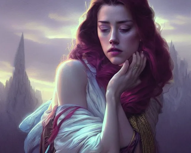 Image similar to amber heard crying hysterically, photography of kurzgesagt, deep focus, d & d, fantasy, intricate, elegant, highly detailed, digital painting, artstation, concept art, matte, sharp focus, illustration, hearthstone, art by artgerm and greg rutkowski and alphonse mucha