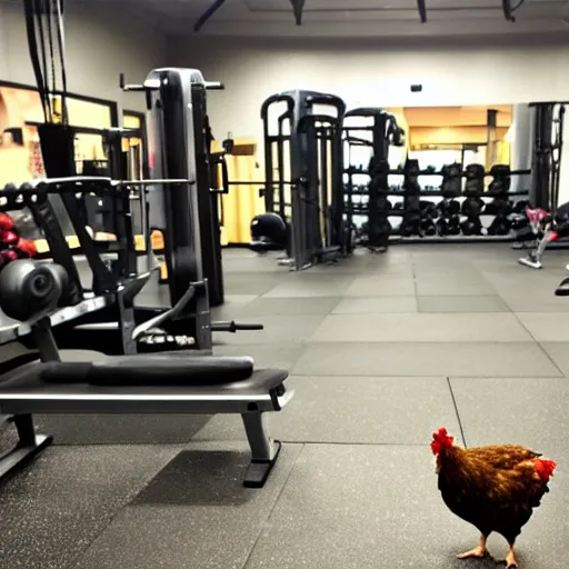 Prompt: a chicken at the gym