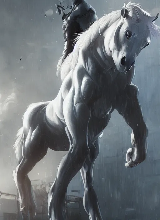 Image similar to splash art of an enormously muscular male anthro horse in a research facility wearing a skintight body armor, long white mane, furaffinity, anthro art, 8 k, unreal engine, by greg rutkowski, makoto shinkai and lois van baarle, ilya kuvshinov, rossdraws, tom bagshaw