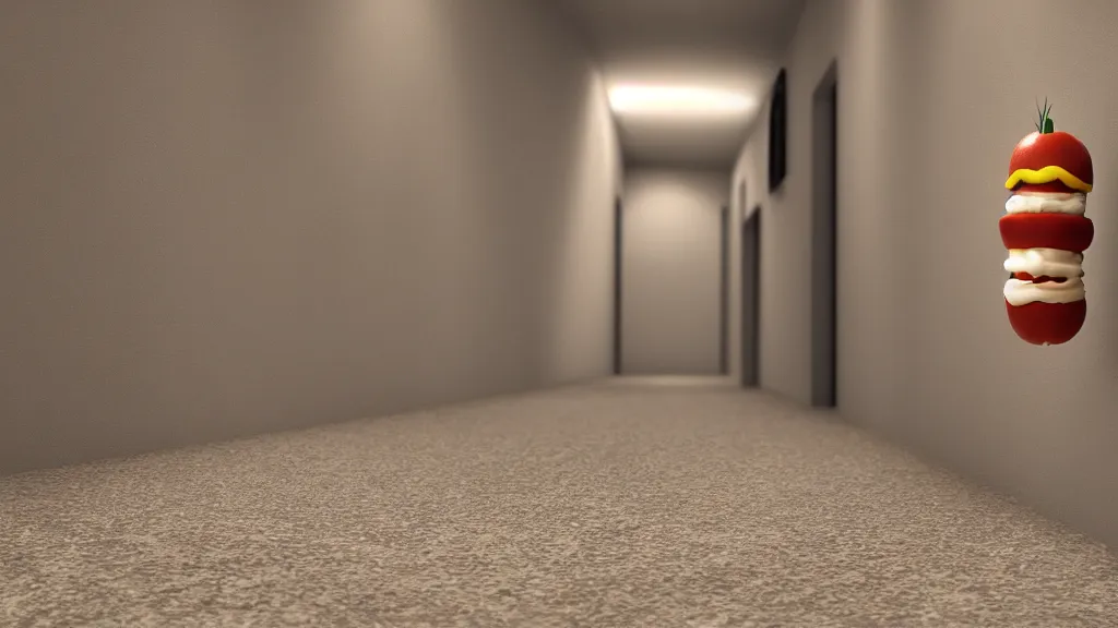 Prompt: 3d render of a hotdog floating ominously in a hallway