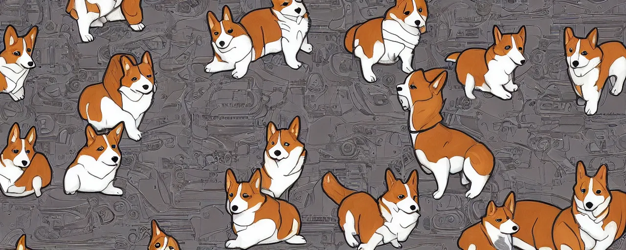 Image similar to huge mechanical corgis in the artstyle of bakaarts