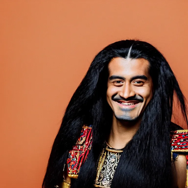 Prompt: A photo of Emperor Kuzco!!!!!!!!!!!!!!!! with his black long hair, face shaved and smiling with confidence wearing his emperor clothes, tan skin. Portrait by Terry Richardson. Golden hour. 8K. UHD. Bokeh.